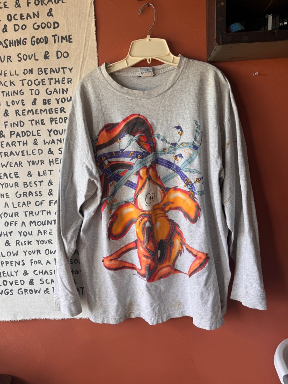 Vintage Warner Bros. Long Sleeve Tee with Colorful Cartoon Graphic - Gray